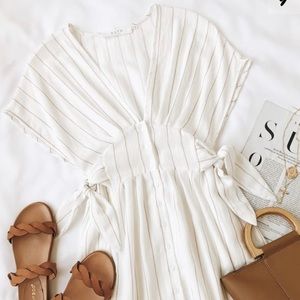 Astr Sierra White and Taupe Striped Midi Dress